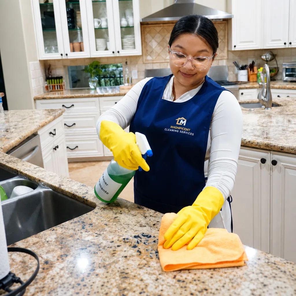 Magnificent cleaner clearly seen wiping a kitchen counter for standard or recurring house cleaning