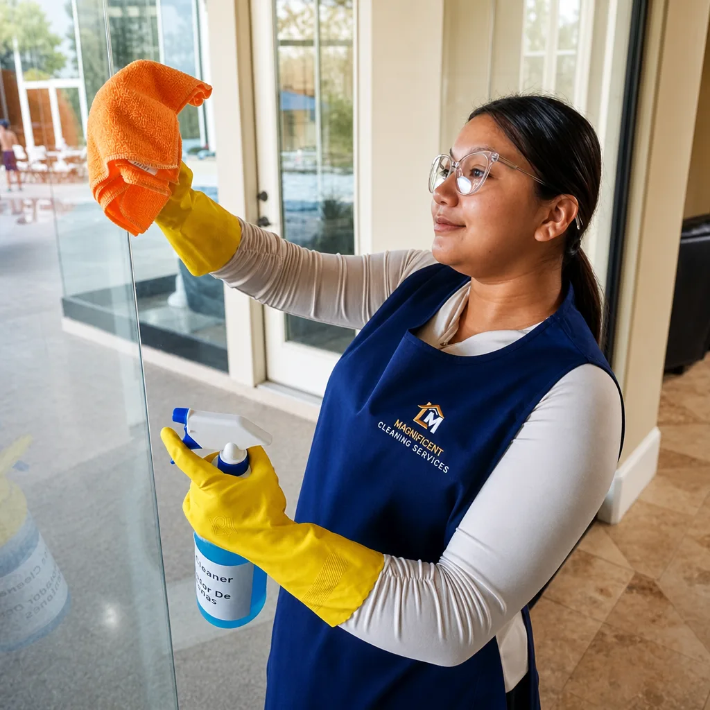 Magnificent cleaner polishing glass during a recurring cleaning visit