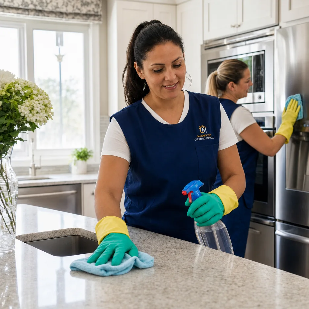 Professional cleaner wiping a bright kitchen surface