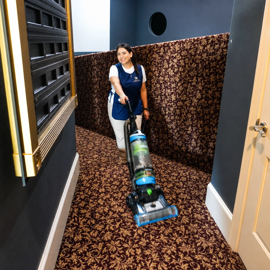 Magnificent cleaner vacuuming carpet during a cleaning visit