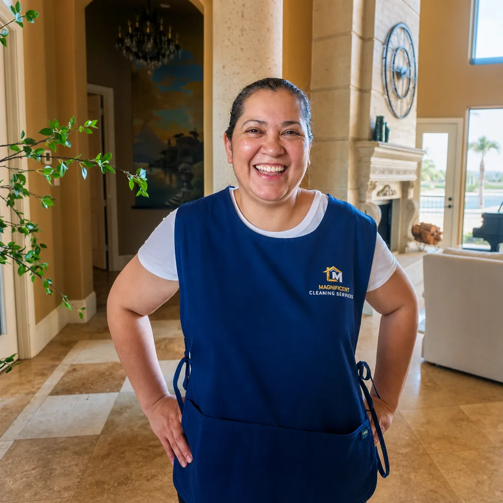 Smiling Magnificent cleaner in a bright home