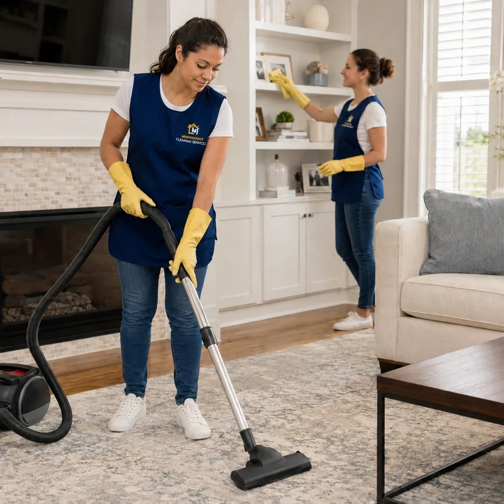 Professional cleaner vacuuming a living room for Sugar Land house cleaning