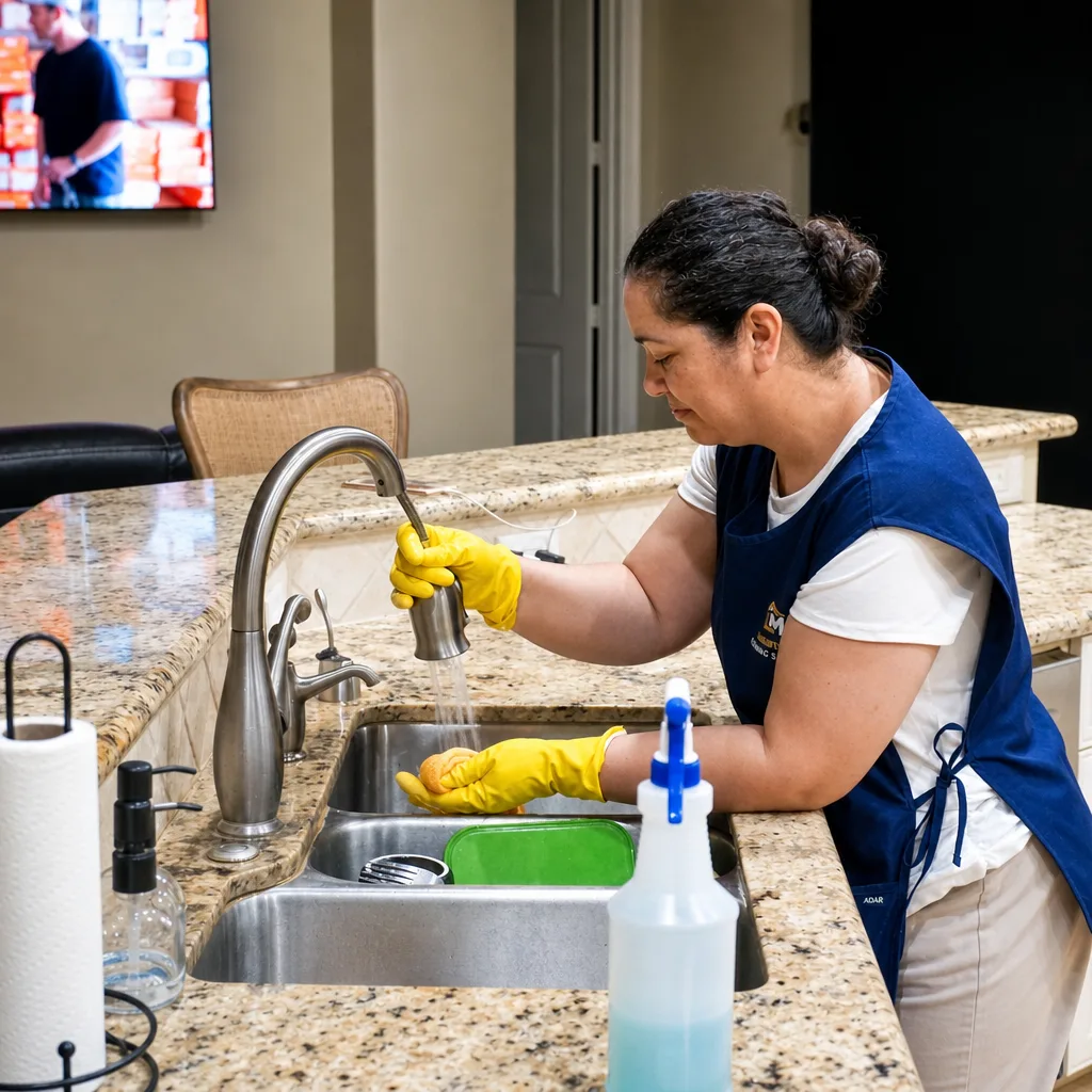 Magnificent cleaner working around a kitchen sink