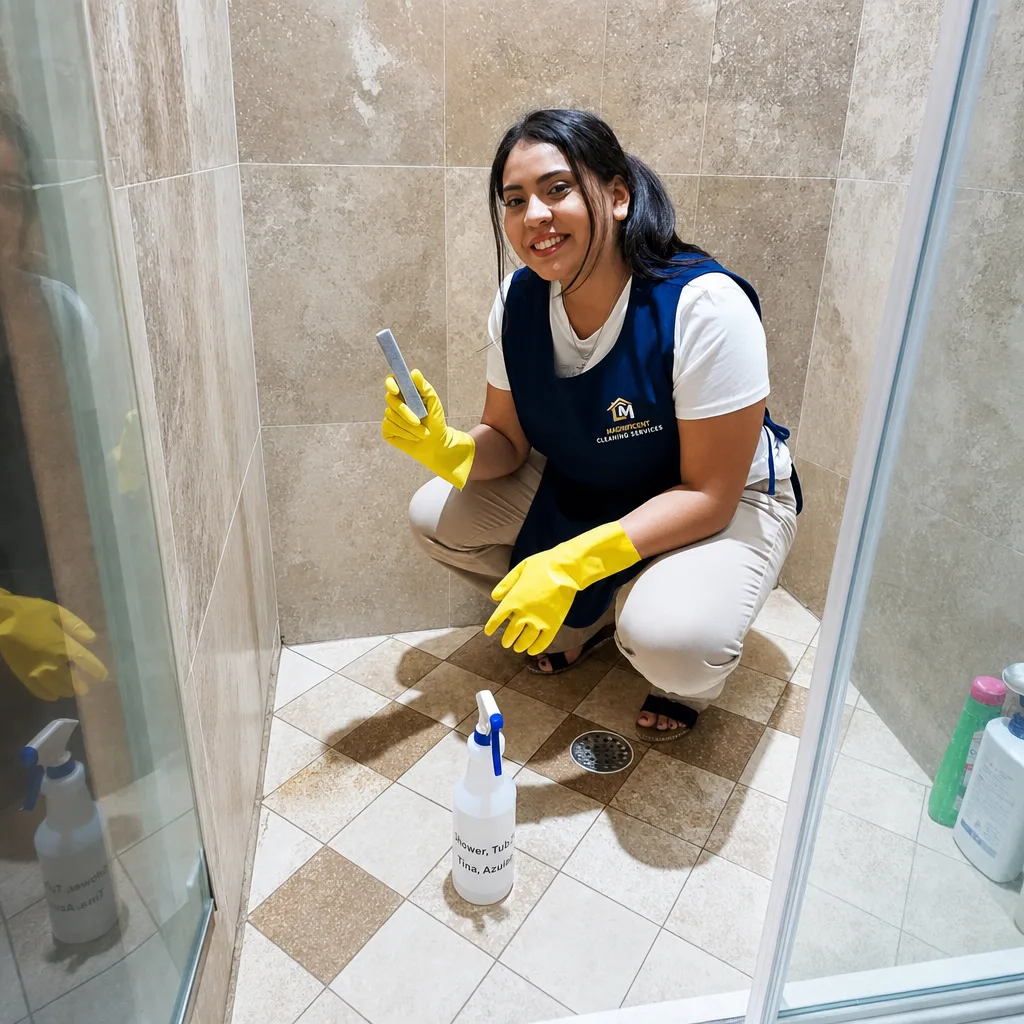Magnificent cleaner scrubbing a shower for bathroom deep cleaning