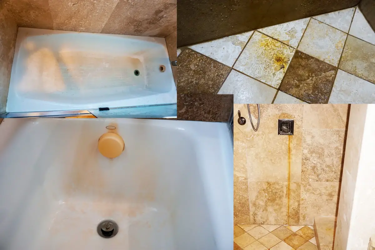 Stained bathtub and tile before deep cleaning